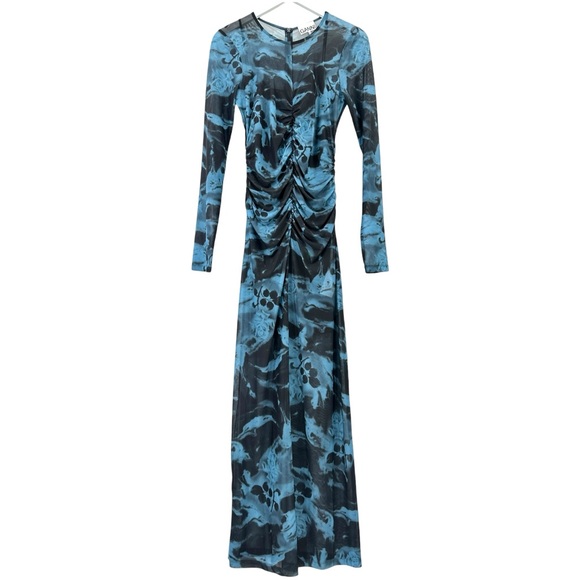 GANNI Printed Ruched Mesh Blue & Black Lined Fitted Long Sleeve Maxi Dress sz 36 - Picture 5 of 13